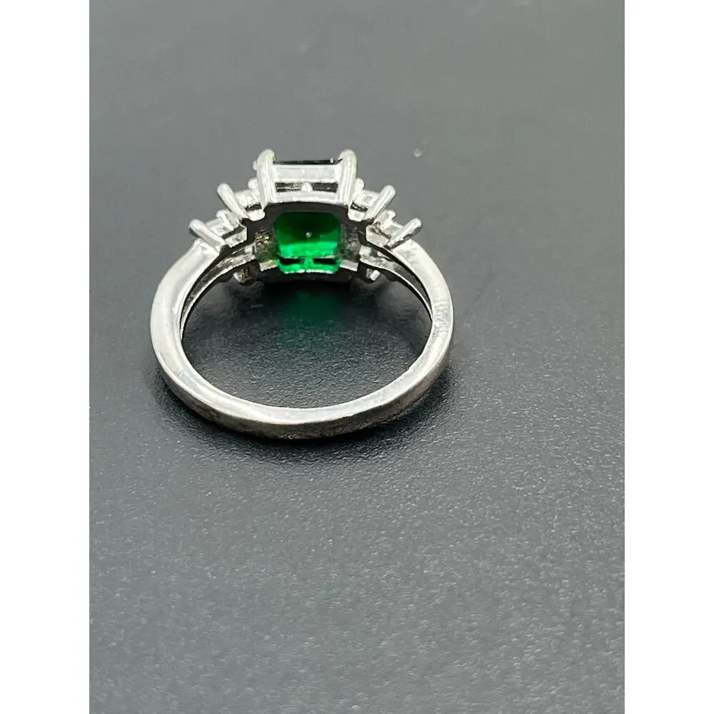 Sterling Silver Rhodium Plated Emerald Cut Green CZ Stone Baguette Side CZ 8.25‎